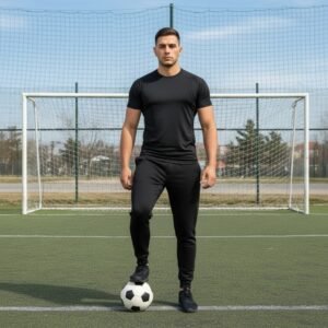 Person in black athletic wear standing on a soccer field, with one foot on a soccer ball, in front of a goalpost and net, against a clear sky background.