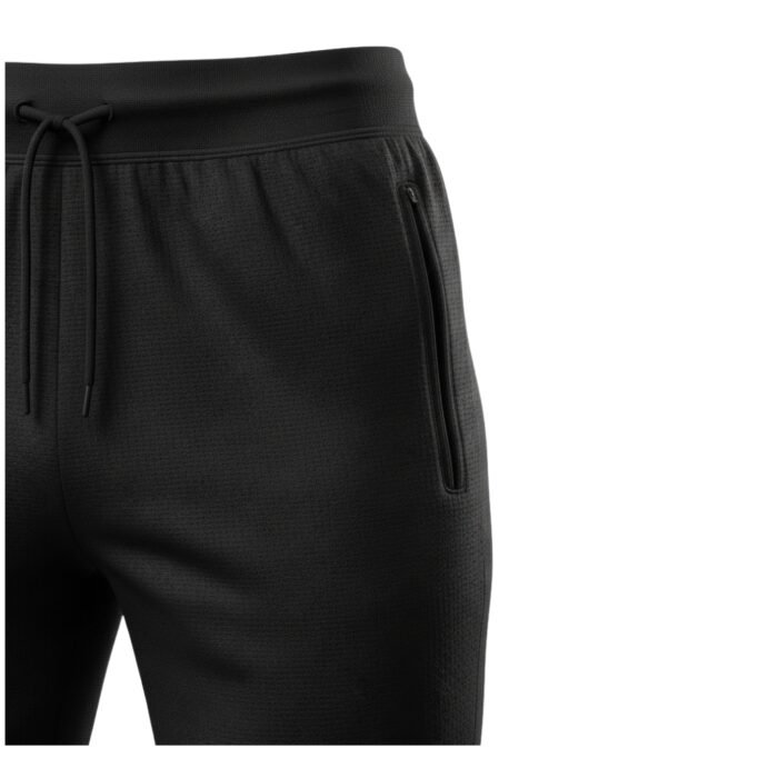Close-up view of black jogger pants, showcasing the textured fabric, elastic waistband with a drawstring, and a side zipper pocket, against a white background.