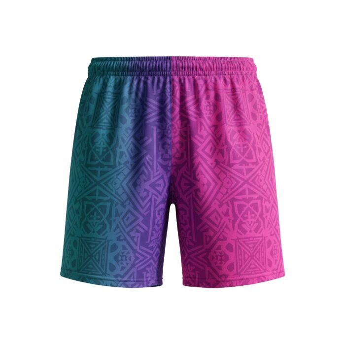 Front view of women’s soccer shorts with blue gradient design and sublimated graphic pattern on a plain background