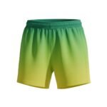 Front view of women’s soccer shorts with green gradient design on a plain background. ​