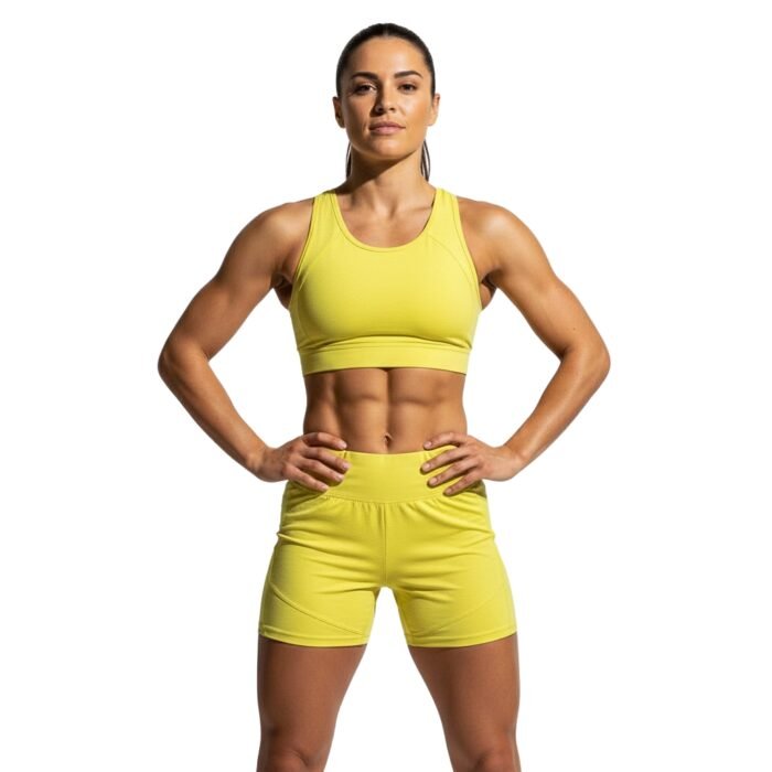 Female model wearing women’s soccer shorts standing in a relaxed pose on a plain background.