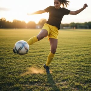 Female soccer player wearing women’s soccer shorts while running with the ball on an outdoor field