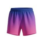 Front view of women’s soccer shorts with purple gradient design on a plain background.