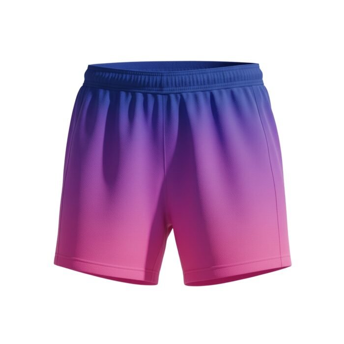 Front view of women’s soccer shorts with purple gradient design on a plain background.
