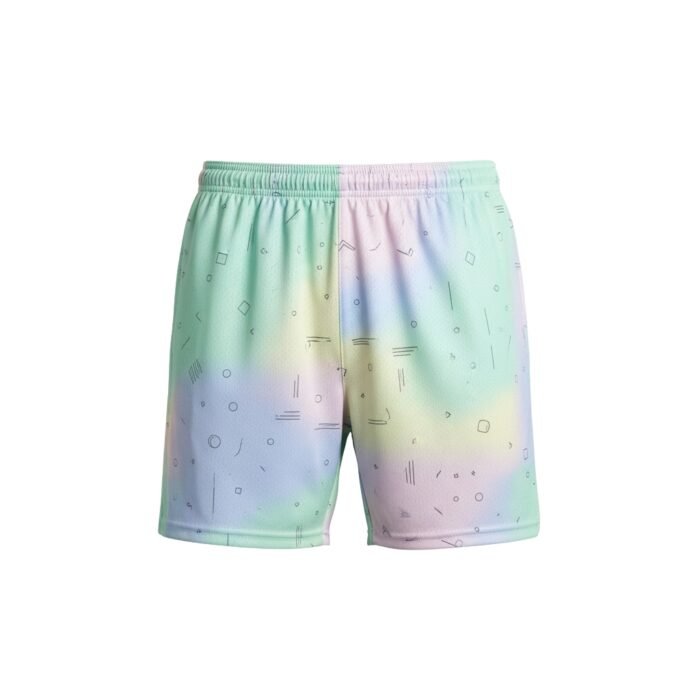 Front view of women’s white soccer shorts with sublimated graphic design on a plain background.