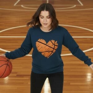 Women’s basketball fleece sweatshirt on model standing in front of a sporty outdoor background.