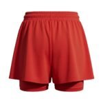 Red women’s soccer skort with elastic waistband and built-in matching shorts