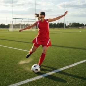 Red women’s soccer skort with elastic waistband and built-in shorts, shown on a player on a field
