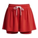 Red women’s soccer skort with elastic waistband and adjustable front drawstring tie with built-in shorts