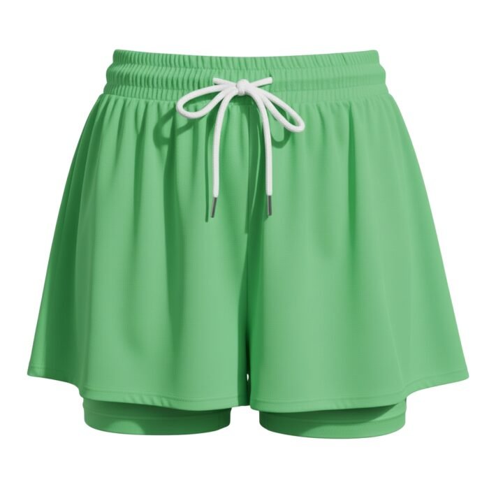 Green women’s soccer skort with elastic waistband and adjustable drawstring tie with built-in shorts