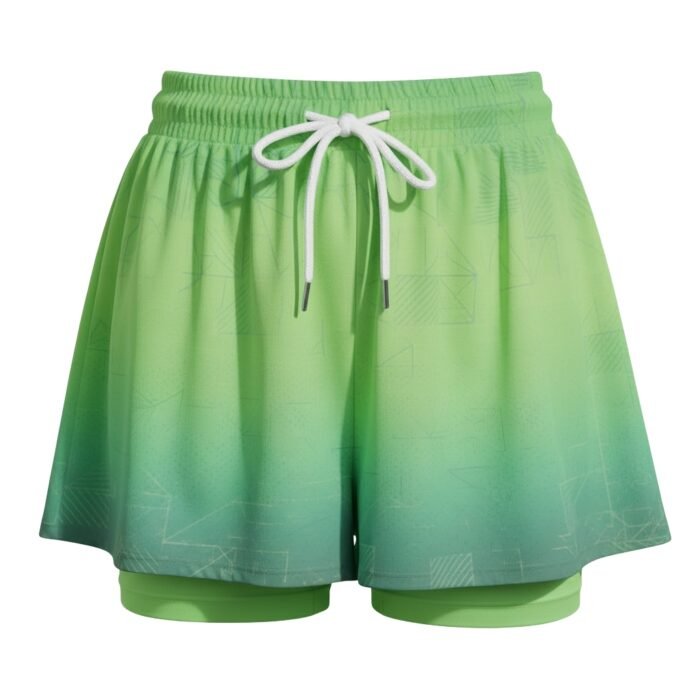 Women’s green soccer skort with elastic drawstring waist and built-in matching shorts