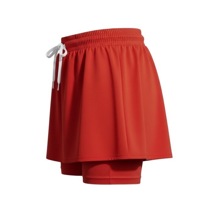 Women’s red soccer skort with a smocked waistband, drawstring tie at the front, and built-in matching shorts underneath.