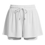Women’s white soccer skort with an elastic waistband and drawstring tie, featuring two side pockets.