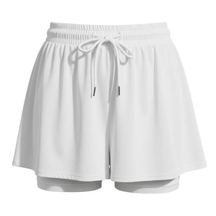 Women’s white soccer skort with an elastic waistband and drawstring tie, featuring two side pockets.