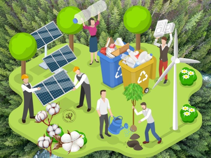 An illustration depicting various sustainable practices, including solar panels, wind turbines, recycling bins, and individuals engaged in planting trees and cleaning waste.
