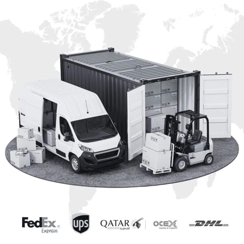 A white delivery van is parked next to a shipping container filled with boxes, accompanied by a forklift. The image features the text "HOME DELIVERY" and logos of delivery companies including FedEx, UPS, Qatar Airways, OCEX, and DHL.