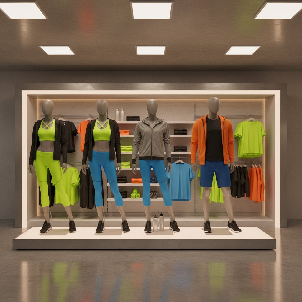 Active wear display in a modern retail showroom, featuring colorful sports tops, jackets, and leggings/shorts on mannequins.