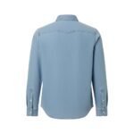 Men’s light blue denim button-down shirt, back view on a white background.