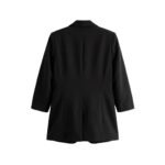 Back view of a black blazer laid flat on a white background.