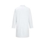 Back view of a white lab coat for doctors laid flat on a white background.