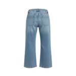 Back view of light-wash women's denim capri pants with high-rise waist, wide-leg silhouette, and contrast stitching, on white background.