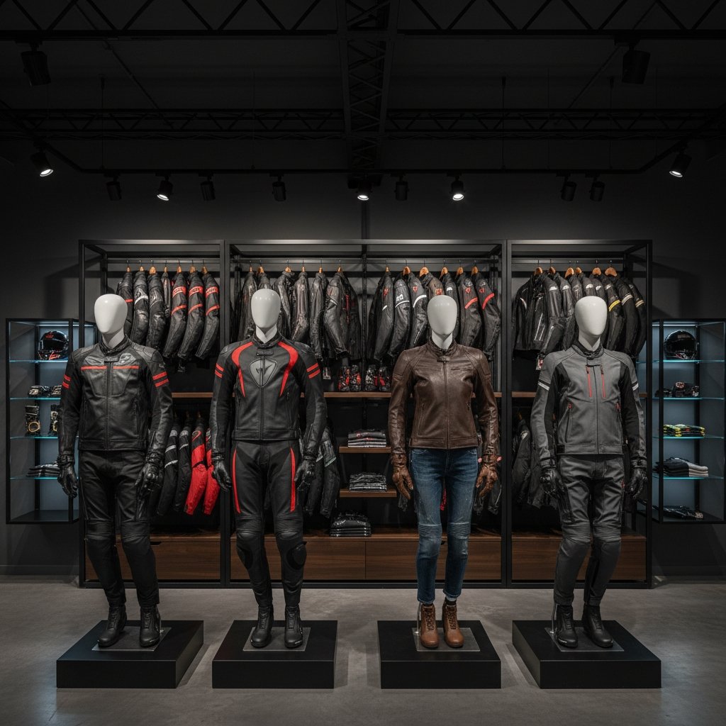 Biker wear collection display with mannequins wearing leather motorcycle jackets and riding pants in a modern showroom.