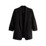 Black blazer front view laid flat on a white background.