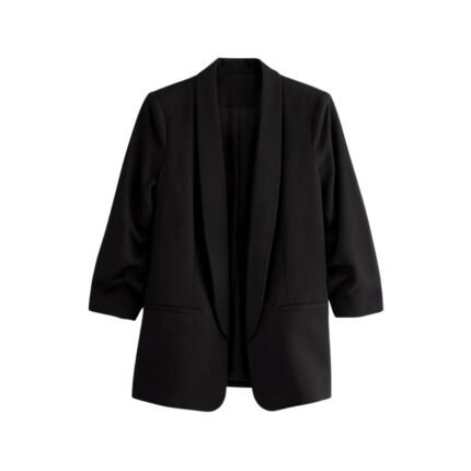 Black blazer front view laid flat on a white background.