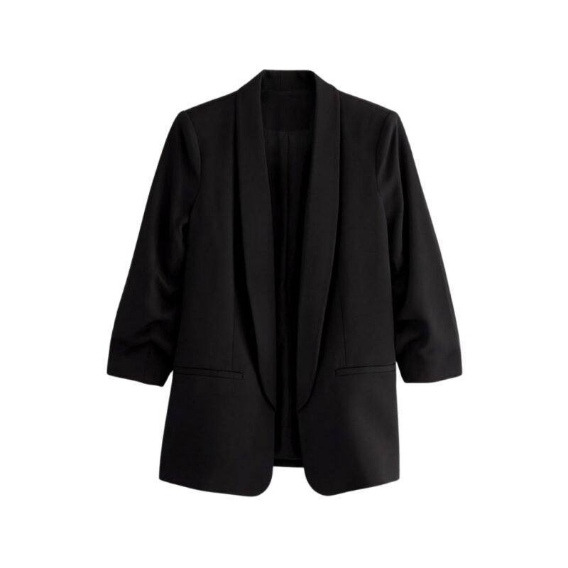 Black blazer front view laid flat on a white background.