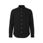 Men’s black denim button-down shirt front view with pointed collar and button placket.