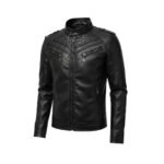 Black men’s leather jacket front view with stand collar and multiple zippered details.