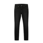 Black women's straight-leg denim jeans on white background, front view, five-pocket styling with metal rivets and visible stitching.