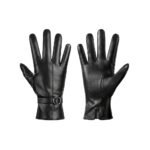 Black women’s leather gloves—pair shown front view on a white background.