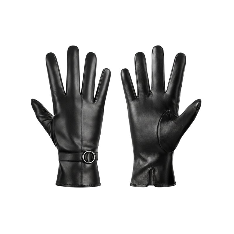 Black women’s leather gloves—pair shown front view on a white background.