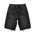 Black baggy denim short with ripped details and frayed hem