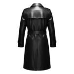 Black leather long coat back view with stand collar, yoke panel, belted waist, and cuff straps.