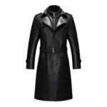 Black leather long coat front view with stand collar, zip-up front, shoulder epaulets, and belted waist.