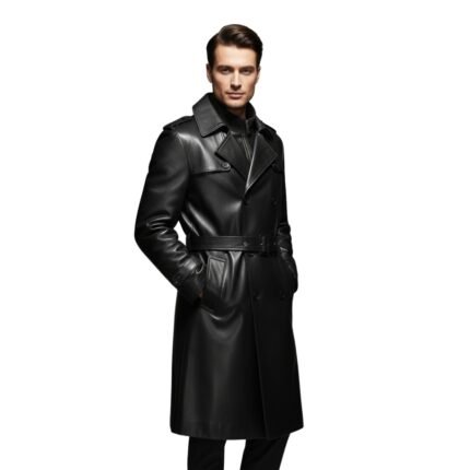 Man wearing a black leather long coat with a belted waist, buttoned double-breasted front, and hands in the pockets.