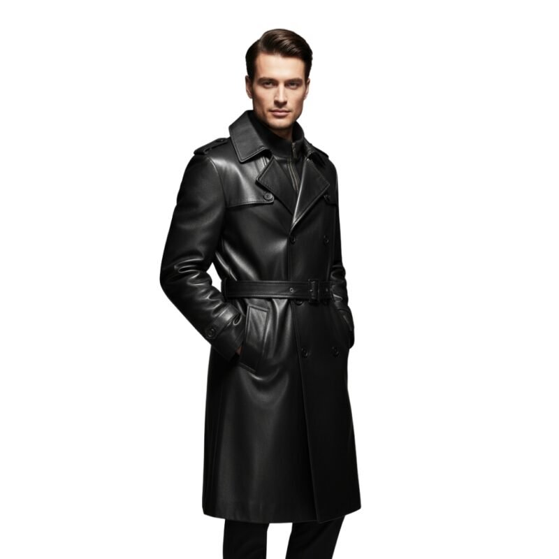 Man wearing a black leather long coat with a belted waist, buttoned double-breasted front, and hands in the pockets.