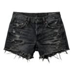 Distressed black denim shorts with frayed edges and visible pockets on a white background.