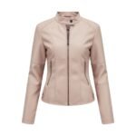 Blush pink women’s leather jacket front view with stand collar, center front zipper, and vertical zip pockets.
