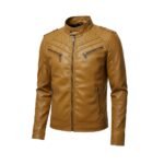 Brown men’s leather jacket front view with stand collar and zippered chest and waist pockets.