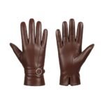 Brown women’s leather gloves—pair view with full finger coverage and a round ring buckle wrist strap on a clean white background.
