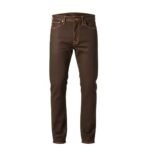 Brown raw denim jeans standing upright on white background, straight-leg fit with classic five-pocket styling and yellow contrast stitching.