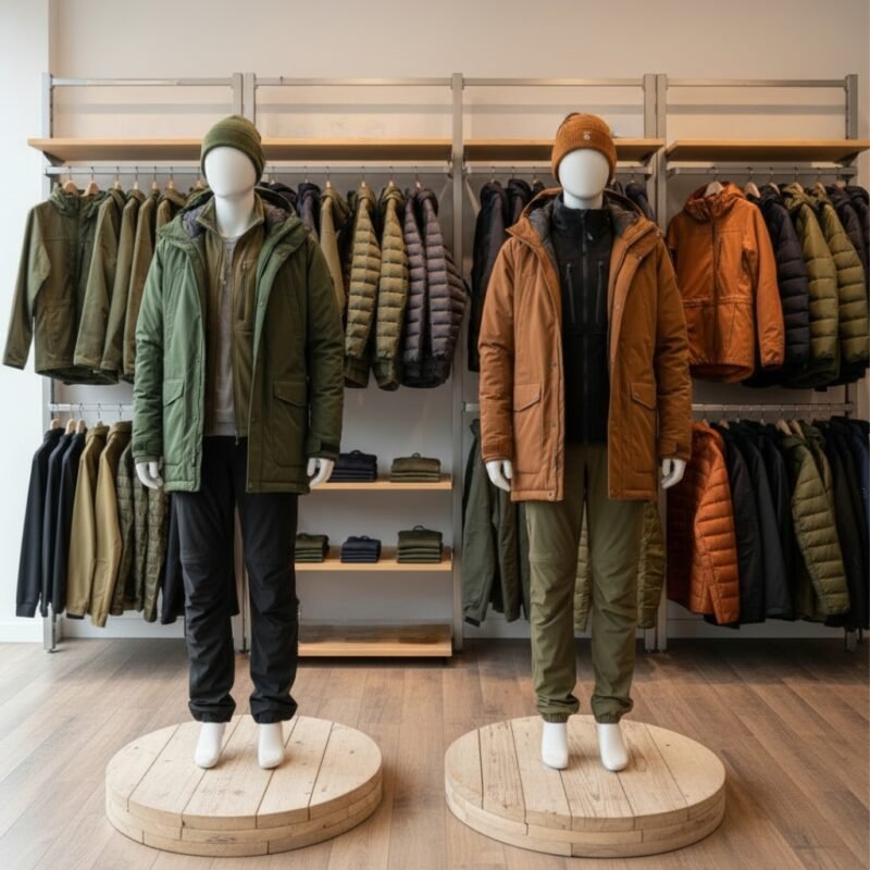Camping outerwear category image featuring a curated assortment of outdoor coats, jackets, and layers for warm-weather adventures.