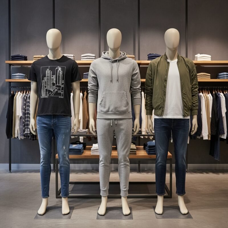Mannequins modeling casual outfits in a clothing store, including a black graphic T-shirt, a gray hoodie set, and an olive jacket with a white tee.