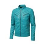 Cyan men’s leather jacket front view with stand collar and central front zipper, plus multiple zippered chest pockets.