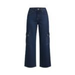 Dark wash wide-leg denim cargo pants with cargo pockets on each leg, front view on white background.