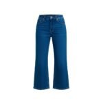 Dark blue women's denim capri pants with flared hem, flat front, and five-pocket styling on white background.