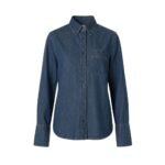 Front view of a medium-blue denim shirt buttoned to the collar on a white background, with a left chest pocket.